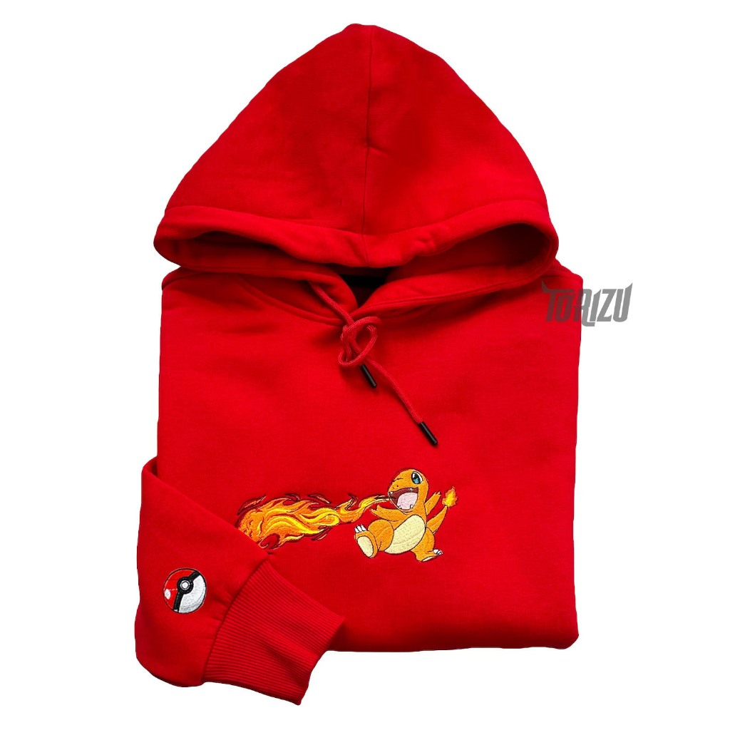 Hoodie Charmander Pokemon Red Embroidery Anime Manga Premium Red Sweater Anime Pokemon Merah