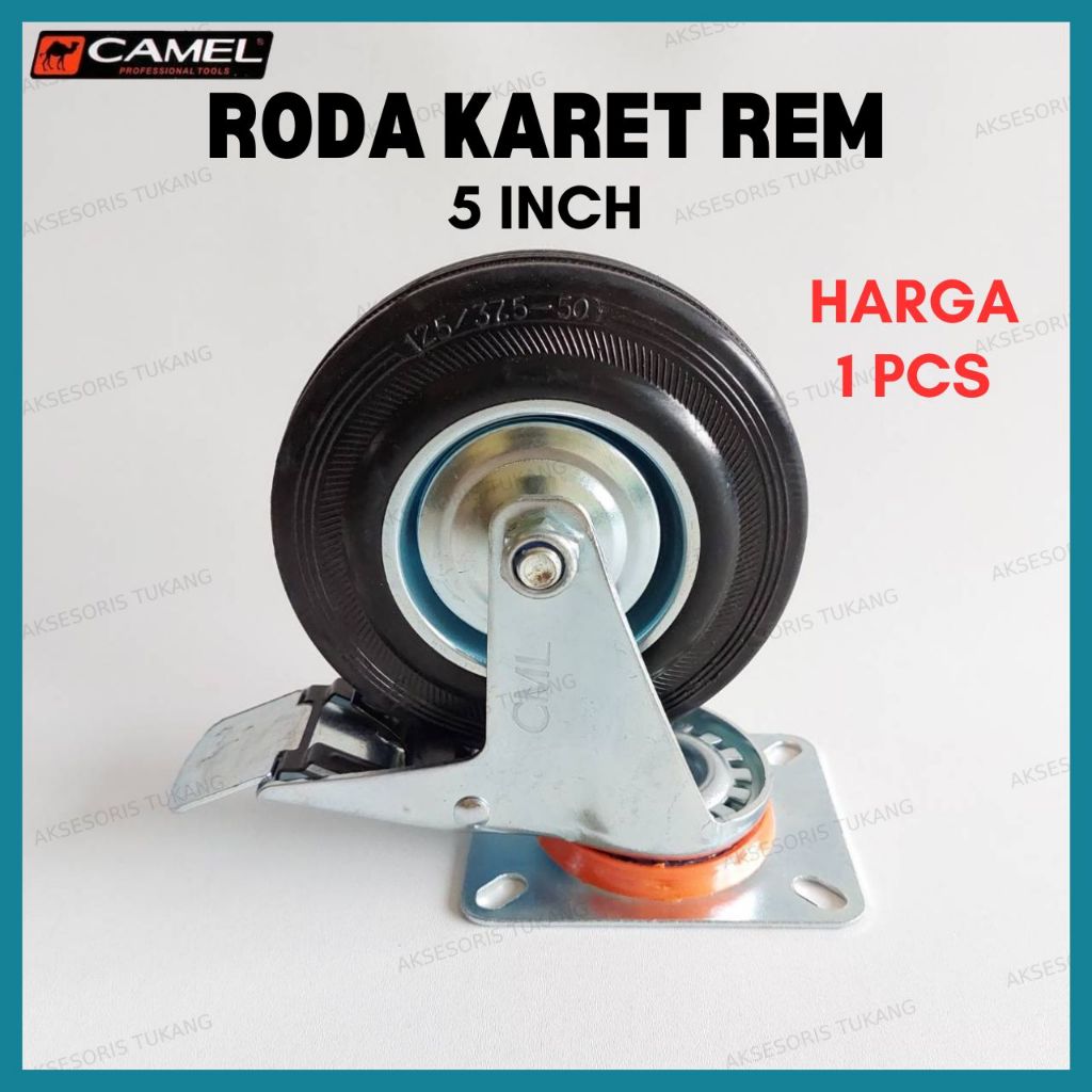 Roda Troli Rem Karet 5 Inch Camel / Roda Caster Gepeng Rem Etalase Rak Lemari Gerobak 5" Inci