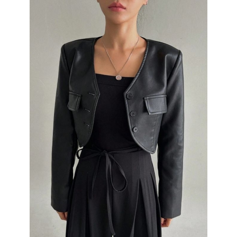 Jaket Blazer Crop Top Casual Wanita Kulit Kancing Double Pocket Leather Jacket