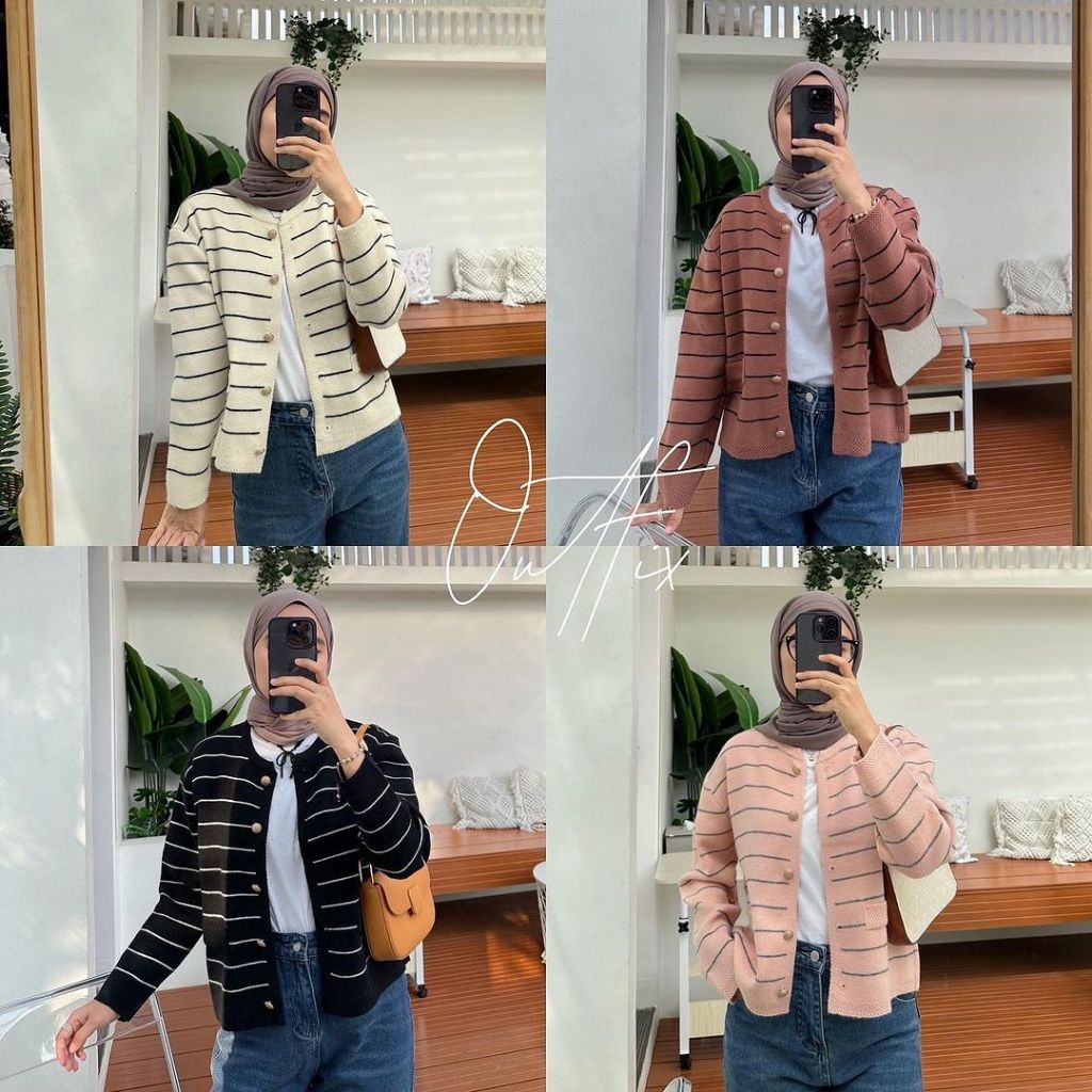 [SIAP KIRIM] EMY STRIPE CARDY by OUTFIX - OFF WHITE BLACK CINNAMON SOFT PINK BAJU ATASAN KNIT KARDIG