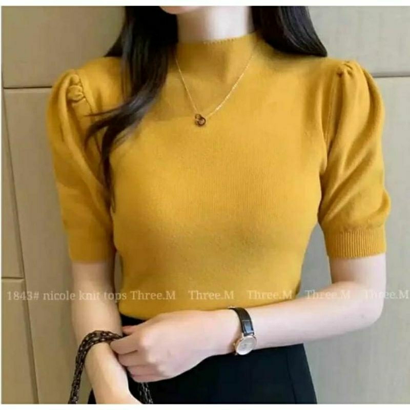 baju wanita rajut || Atasan wanita kerah tinggi baju wanita rajut polos kasual Panjang Lengan 3/4