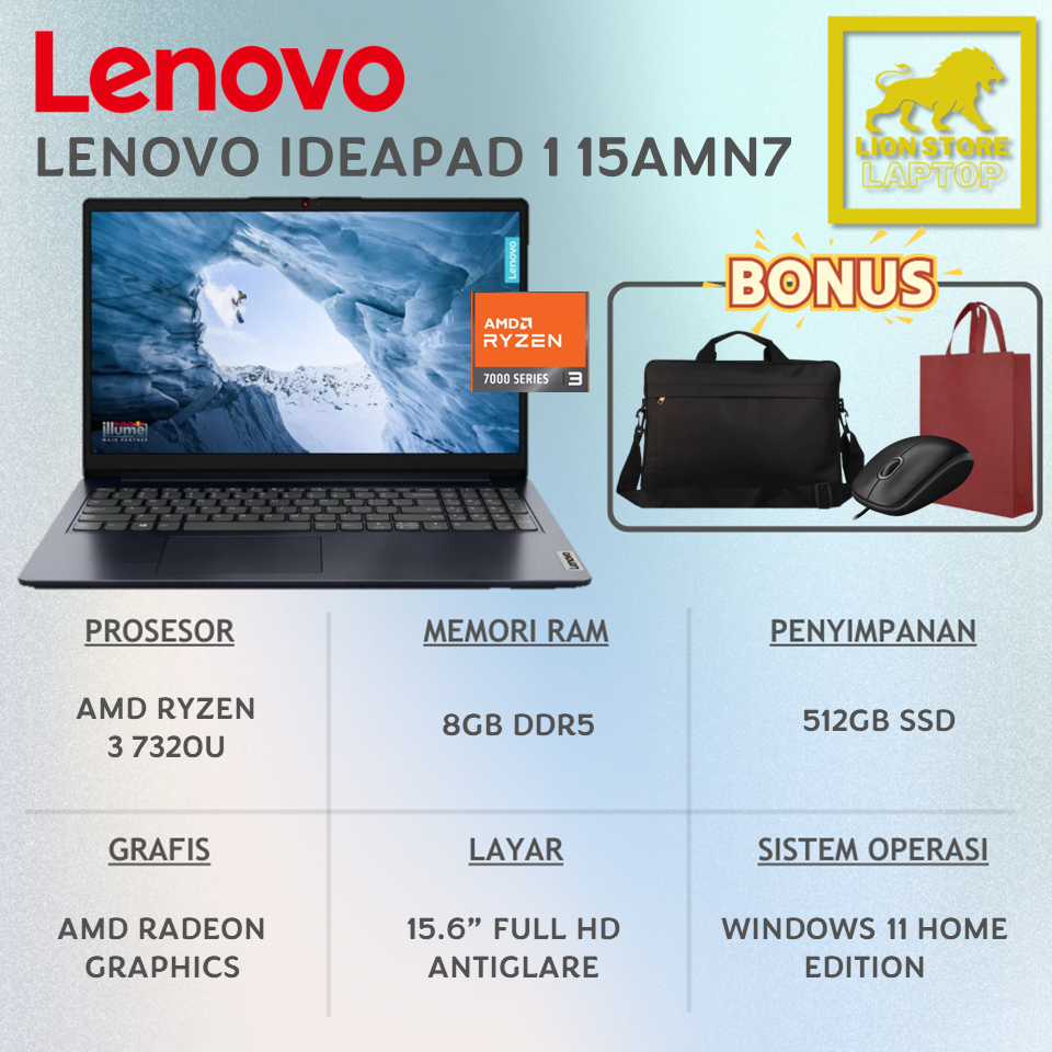 Laptop Lenovo Ideapad Slim 1 15 AMD Ryzen 3 7320U 8GB 512GB SSD Layar 15.6 Inch FHD Number Pad Abyss