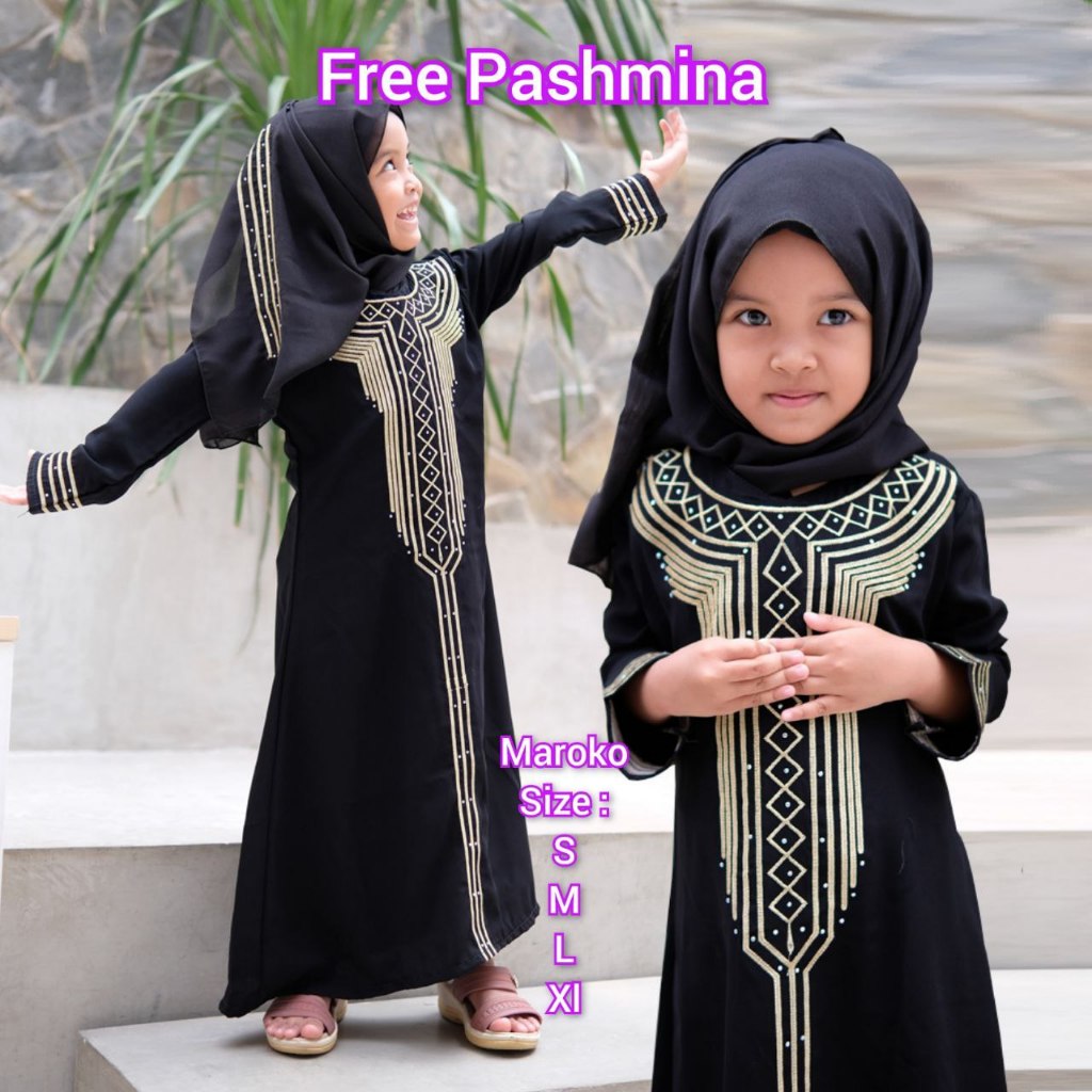 Abaya Hitam Anak 10 Tahun Perempuan Maroko Terbaru Lebaran 2024