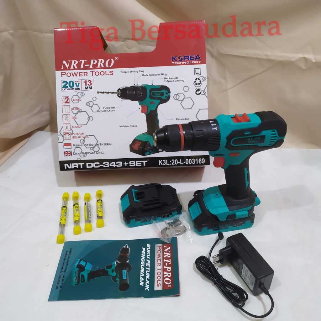 NRT PRO Mesin Bor Beton Baterai Cordless Bor Beton 13mm NRT 343DC SET / Bor Beton Cas 13 mm