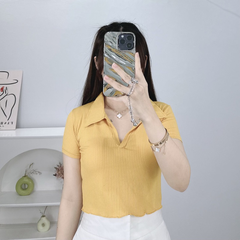 Kaos Polo Crop Top Korea Style Atasan Wanita V Neck