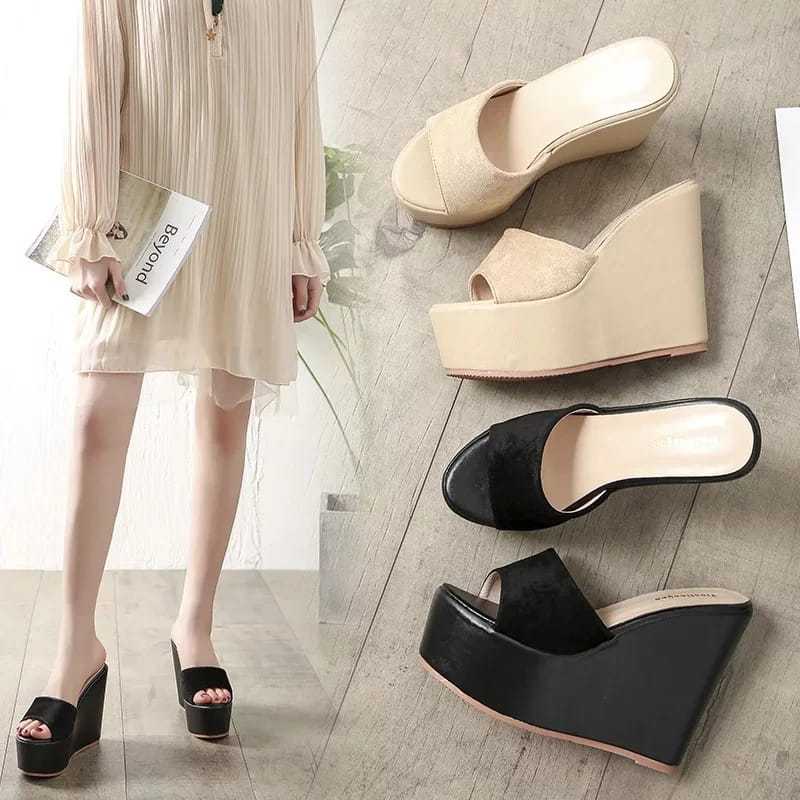 sandal wedges wanita selop polos tinggi 12cm cocok untuk acar pesta dan acara lain nya