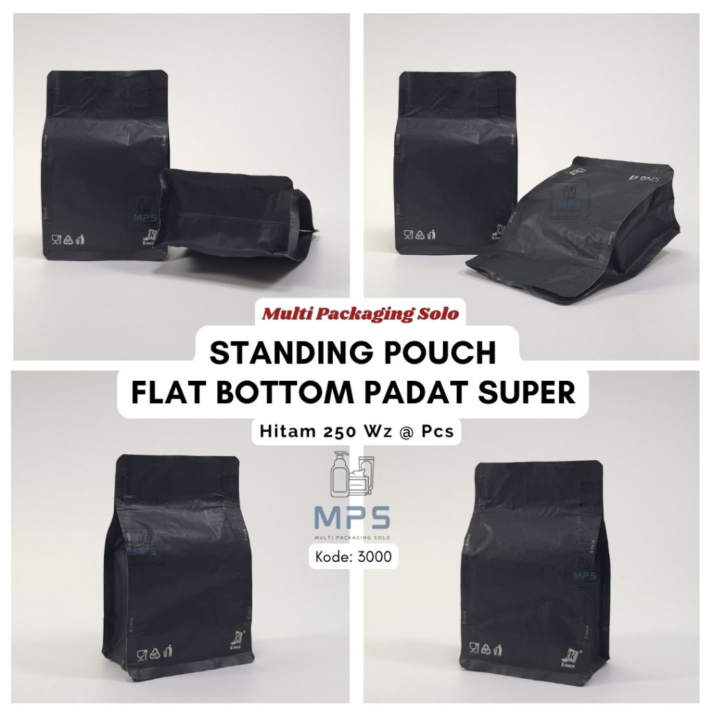 Flat Bottom Padat Super Hitam 250 Wz @ Pcs / Flat Bottom / Plastik Kemasan / Kemasan Kopi / Kemasan 