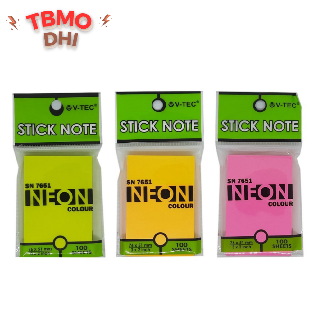 

TBMO STICKY NOTES / MEMO STICK NOTE STICKY NOTES NEON V-TEC 7651 3X2 INCH