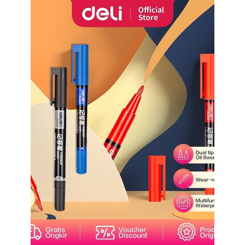 

Deli Permanent Marker / Spidol Permanen Double Tip 0.5 & 1.2 mm 6823