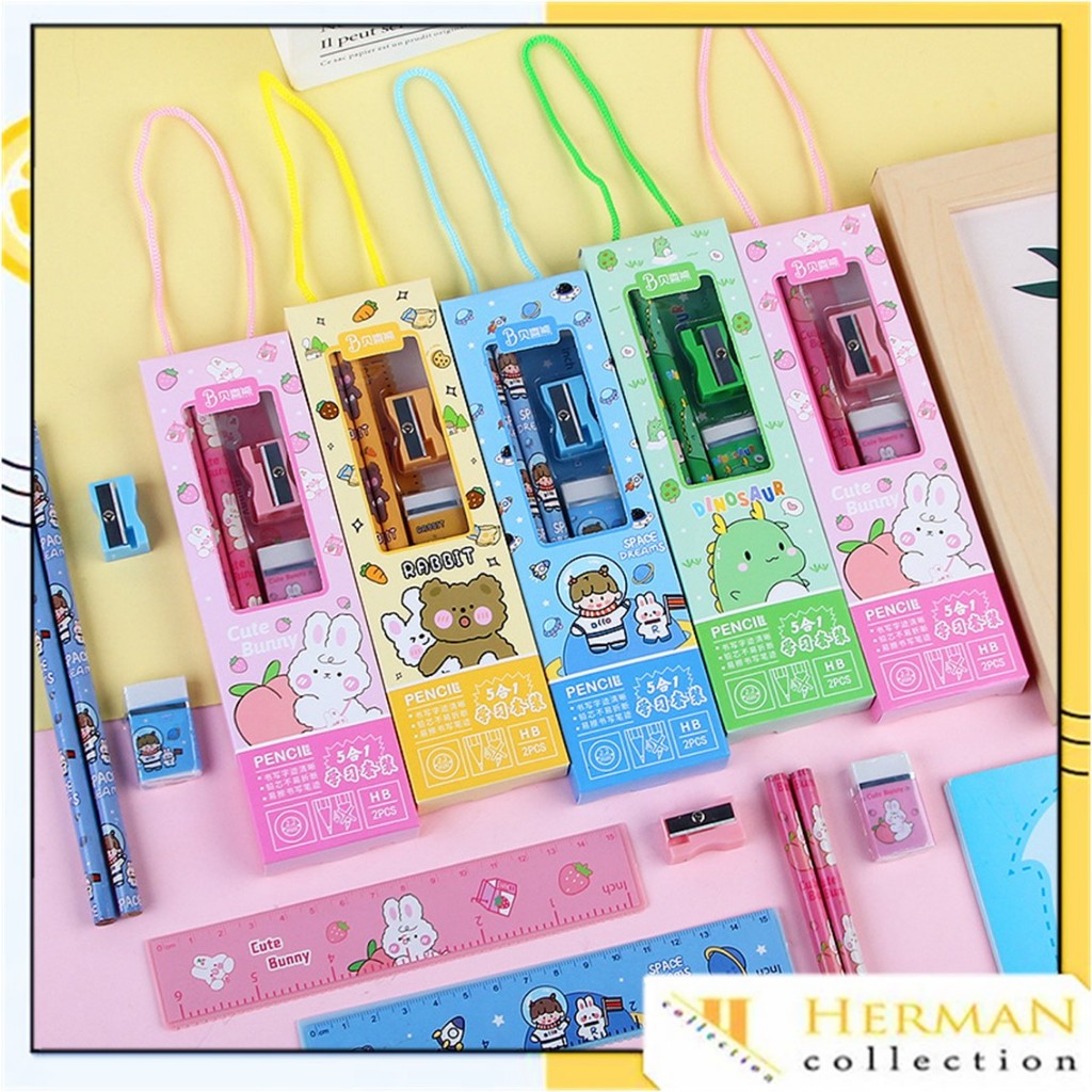 

HC Stationery Set 5 in 1 Alat Tulis Anak Sekolah Penghapus penggaris Pensil Serutan Karakter Lucu Set Alat Tulis Anak Motif Kartun