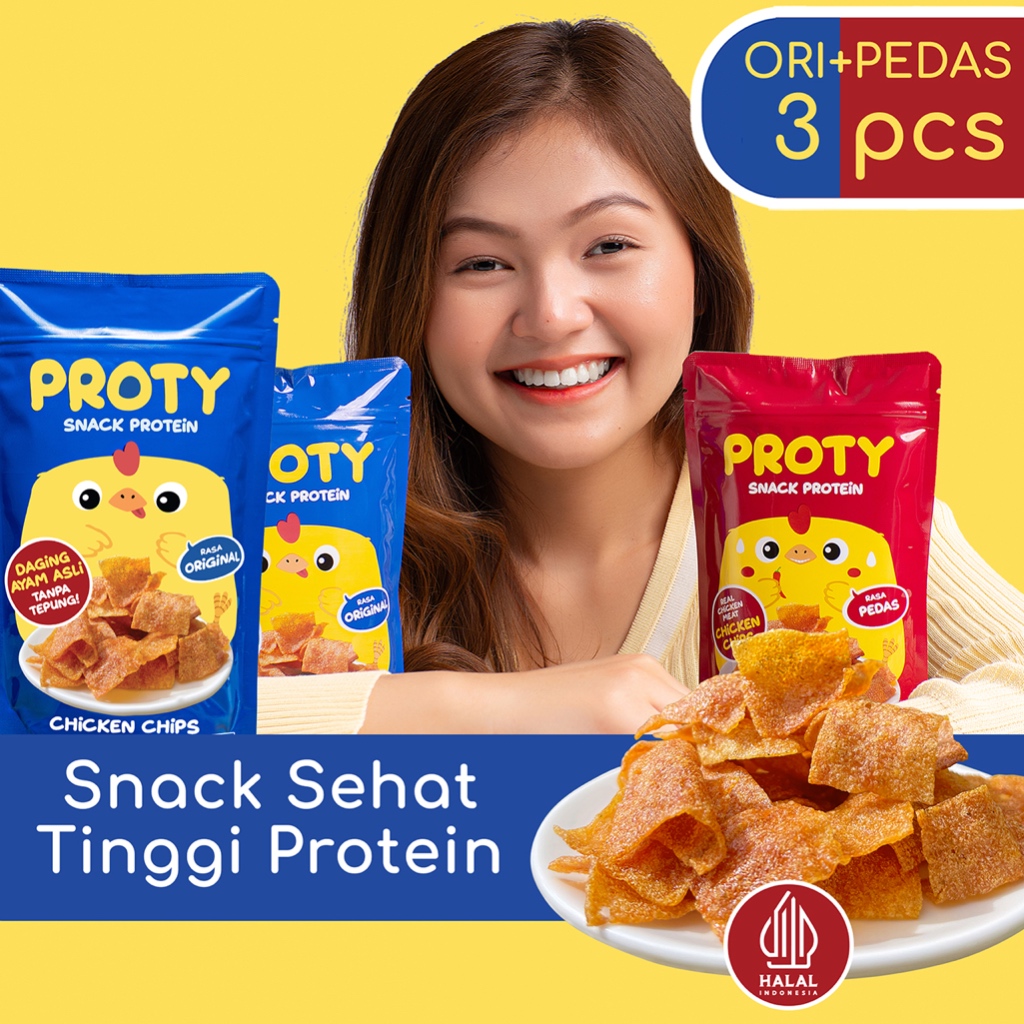 

PROTY Protein Snack Chicken Chips Ori(2 pcs)+Pedas(1 pcs) Cemilan Daging Ayam Tinggi Protein