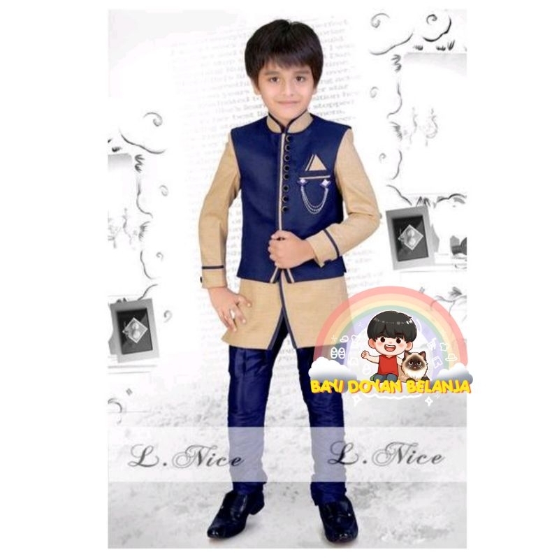 SETELAN ANAK Pakaian Muslim Baju Koko Anak Import Kostum India Celana Panjang Biru Rompi Koko Lengan