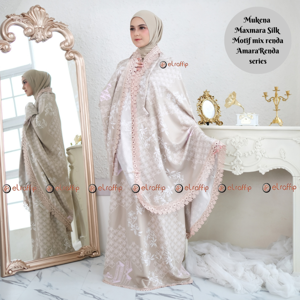 elraffip-Mukena Dewasa 2in1 Satin Printing Premium Motif Luxury Cantik Kombinasi Renda Bordir
