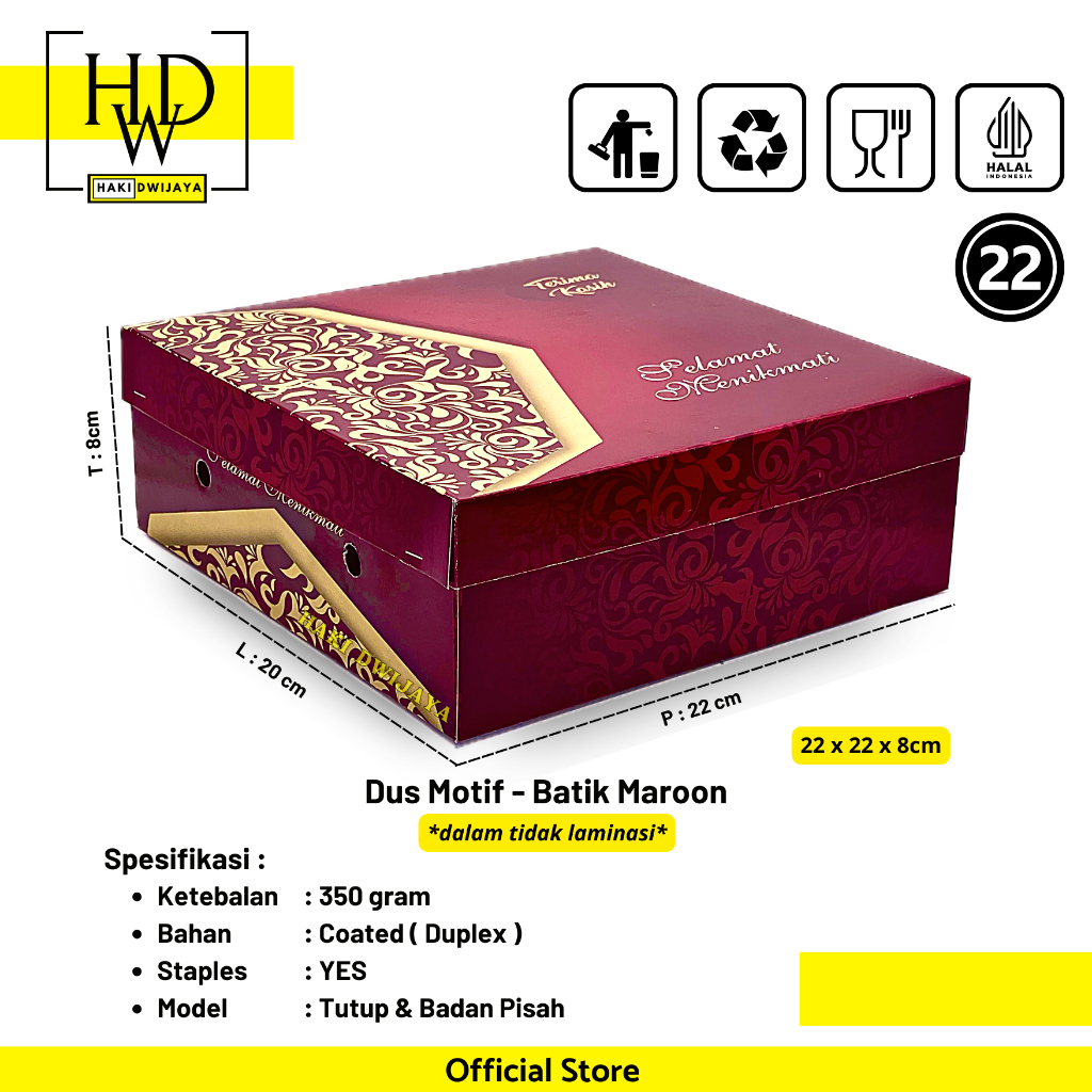 [MIN 20Pcs] Dus / Kotak Nasi 22x22x8cm Full Colour - Motif Batik Maroon