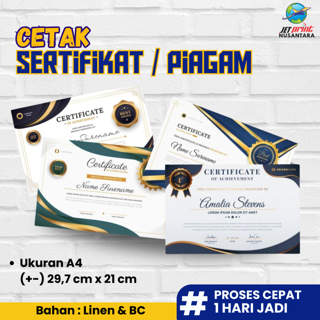 

[1 HARI JADI] Cetak Sertifikat/Piagam MURAH - ukuran A4 Free Design