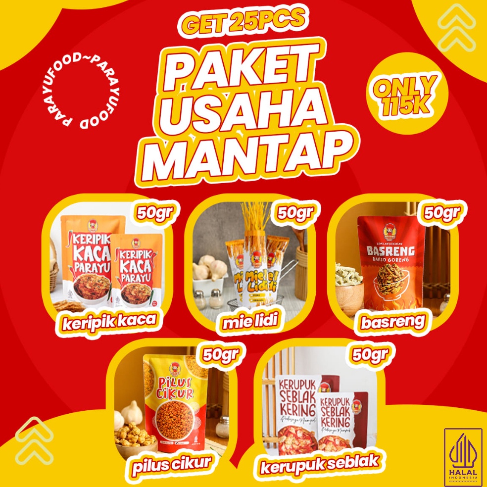 

ART K84Z Parayu Food Paket Usaha Mantap 25 Pcs Ukuran 5gr Varian Basreng Kripca Lidi Cikur Kerupuk