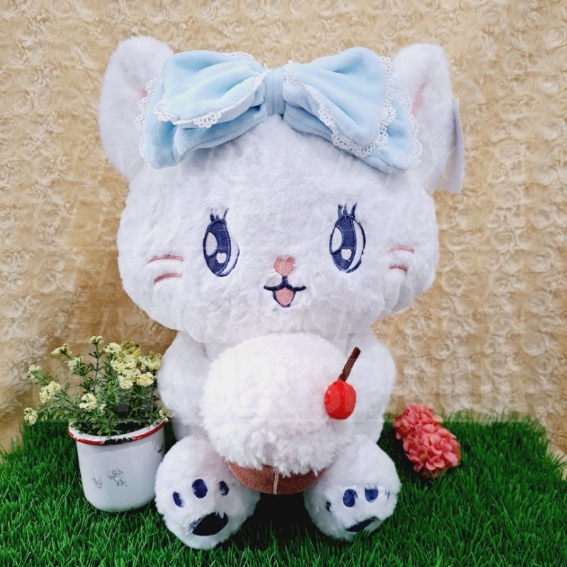 Boneka Kucing Putih Pita Biru M Soft Boneka Kucing Ice Cream M Boneka Kucing Pancake M