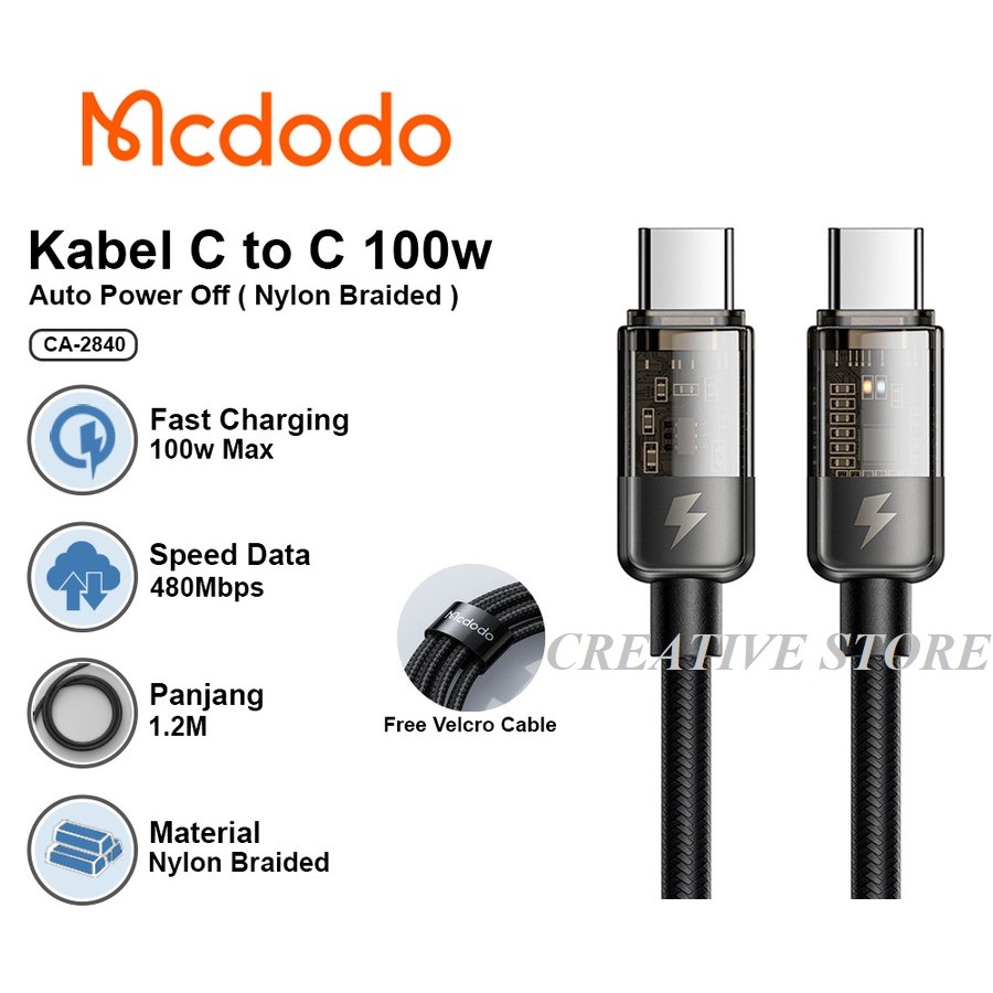 Kabel Data Type C To C MCDODO CA-2840 FAST Charging Auto Off 5A PD 100W - CA 2840