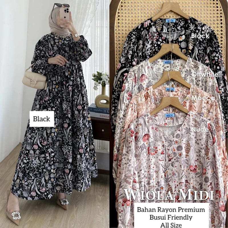 MIDI DRESS WANITA RAYON  / GAMIS RAYON ADEM BUMIL BUSUI FRIENDLY JUMBO-Wiola Hitam