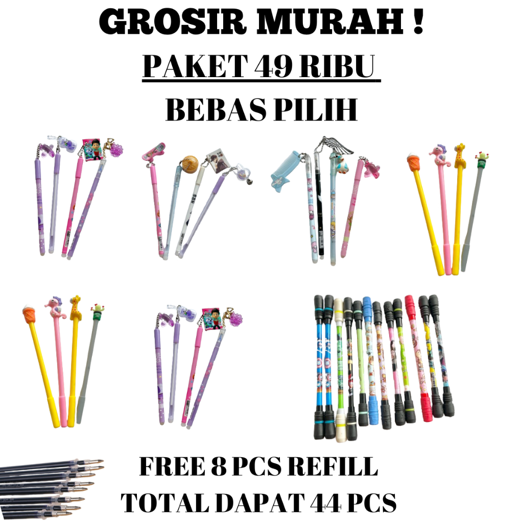 

GROSIR PULPEN MURAH 59 RIBU dapat 44 pcs PILIH SENDIRI | 16 PCS PULPEN GANTUNGAGAN | 8 PCS PULPEN GEL | 12 PCS PULPEN PUTAR MAGNET | 8 REFILL PULPEN