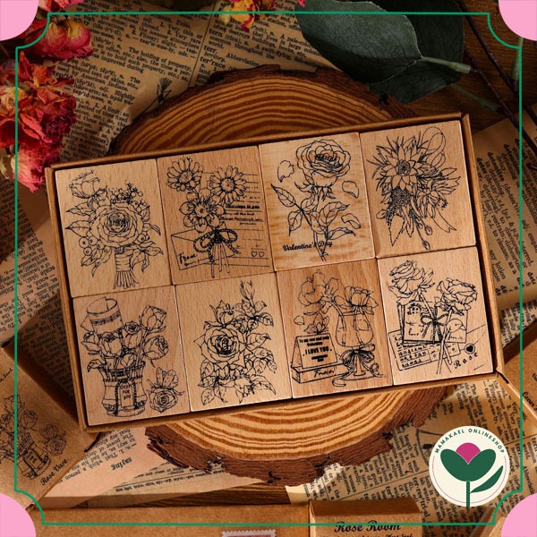 

1 set isi 8 pcs book of roses wood stamp aesthetic stempel bentuk bunga retro vintage MK1547