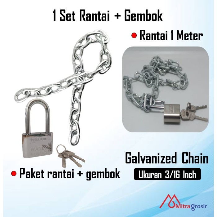 Gembok Rantai Besi 1 Meter / Gembok Rante Rumah Pagar Motor Sepeda / Kunci Rantai 3/16 Gembok 40 MM