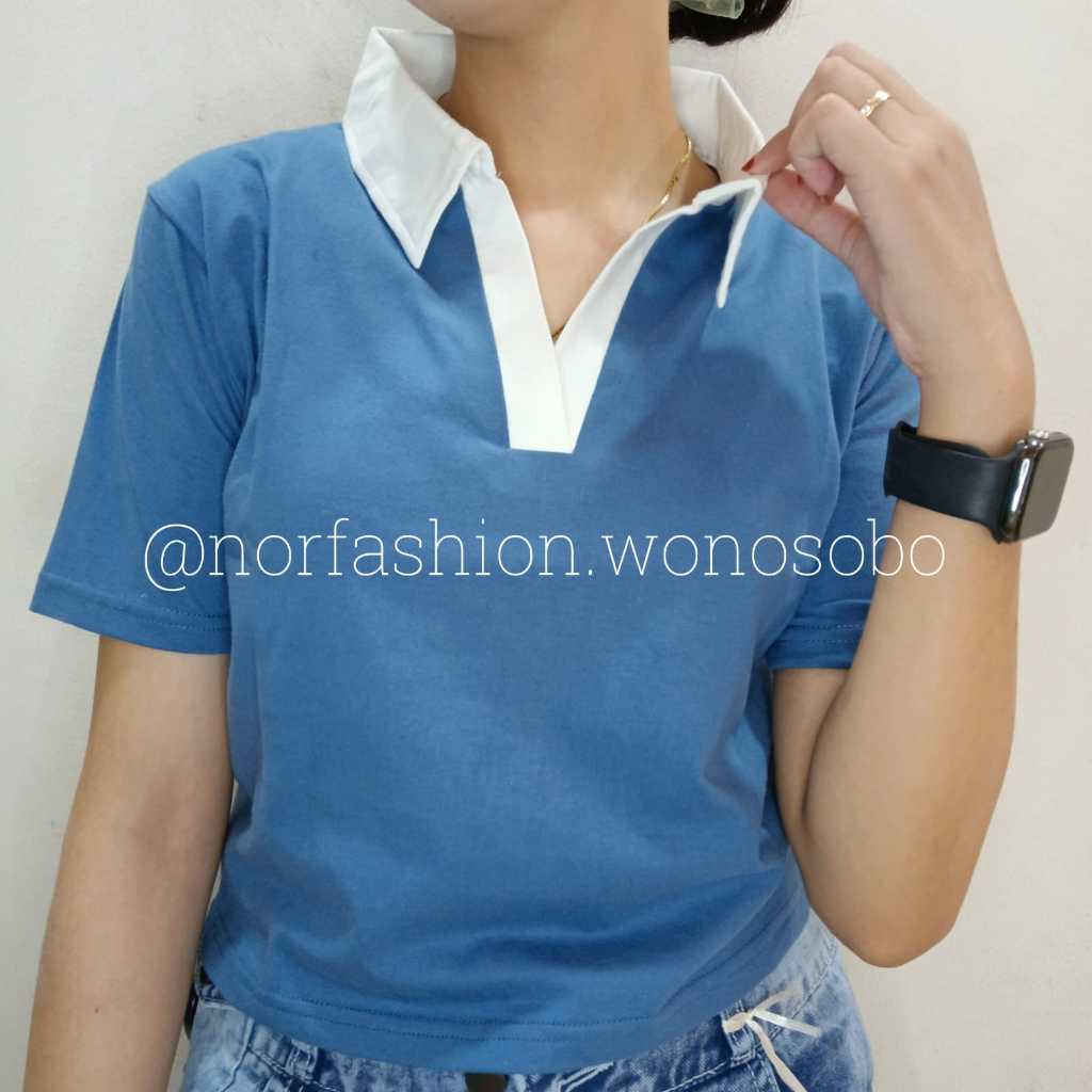 Kaos crop top berkerah wanita terbaru