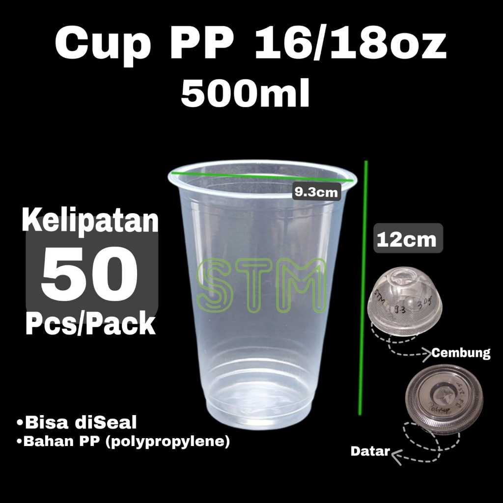 Cup Gelas plastik PP 16/18 oz 500ml dgn tutup cembung/flat lid/Strawless Sippy Lid STM tebal bisa di Pres Seal Cup