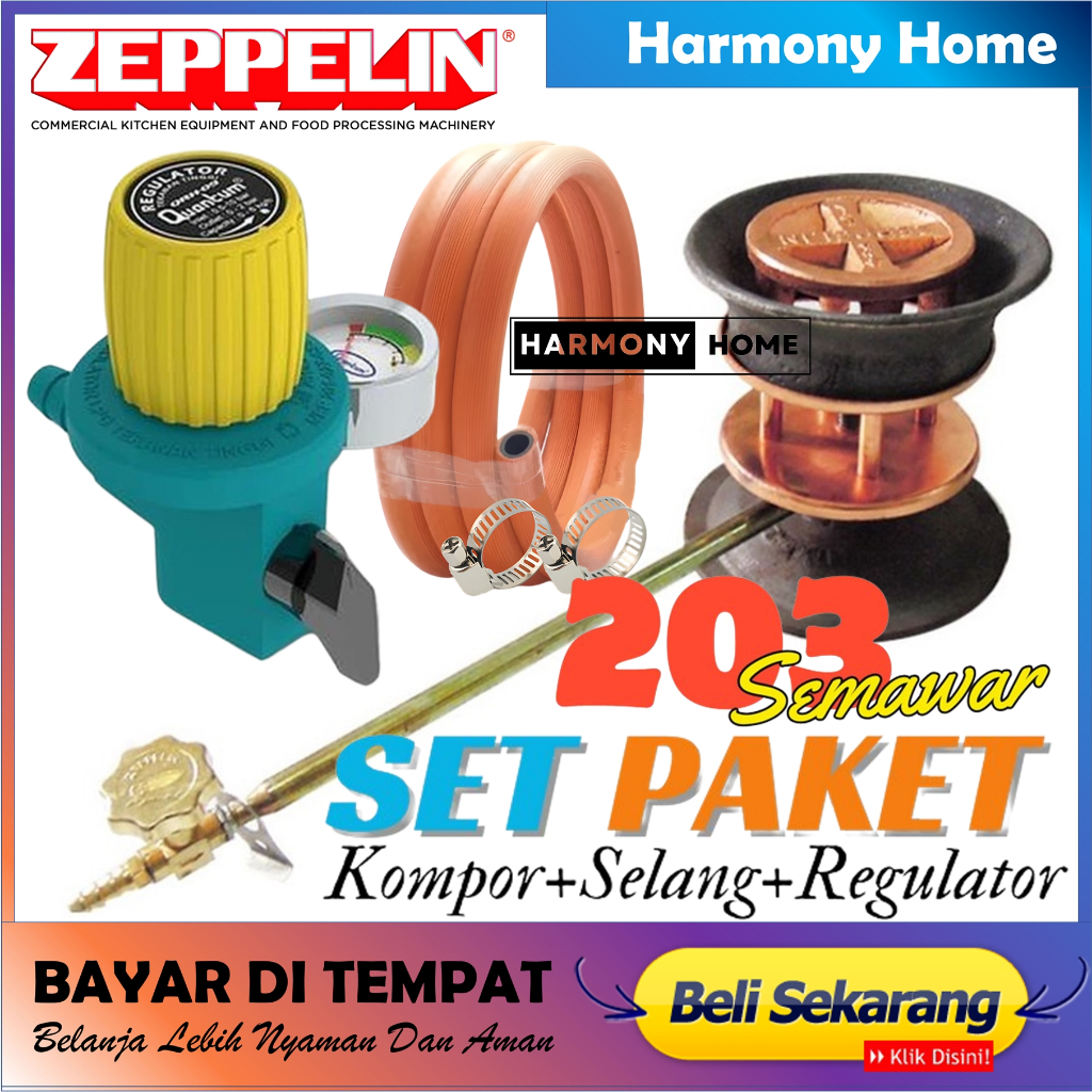 Paket Kompor Zeppelin ZPL 203 +Selang Gas Oren+regulator Quantum Meter Semawar Tekanan Tinggi Kompor
