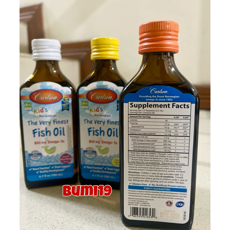 Ay00 Carlson KIDS Norwegian The Very Finest Fish Oil 800mg Omega 3 200ML