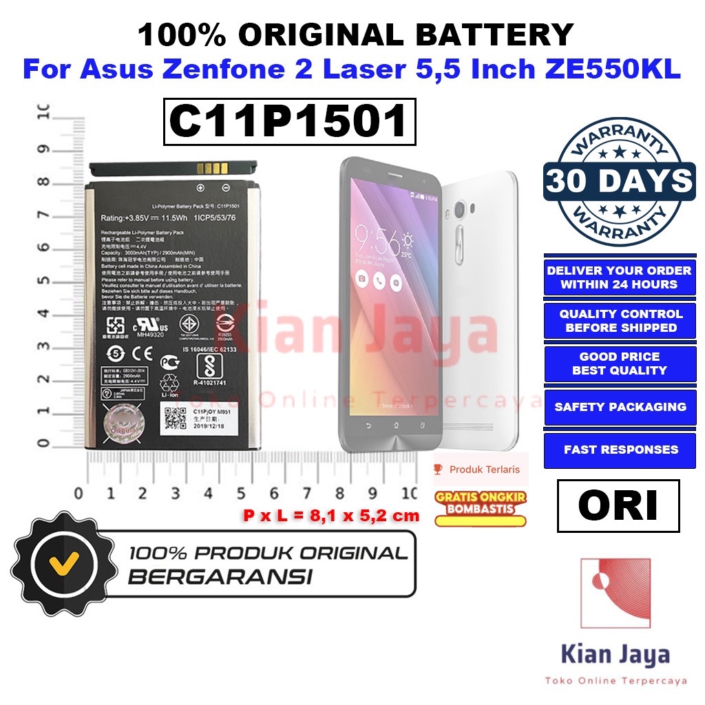 [Garansi 100% Ori] Baterai C11P1501 Untuk Handphone Asus Zenfone 2 Laser ZE550KL, Z00LD, Z00LDD Batr