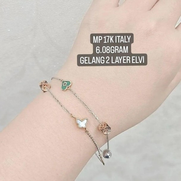 GELANG TANGAN EMAS ASLI ITALY 2 LAYER 2 SUSUN ELVI HATI KUPU2 BOLA CANTIK