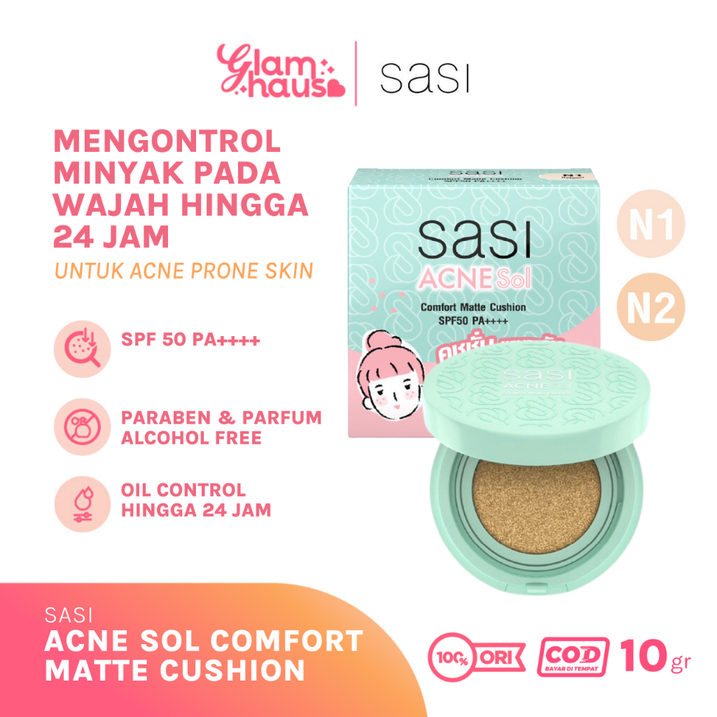 Sasi Acne Sol Comfort Matte Bedak Cushion SPF50 PA++++ 10g | Oil Control Tahan Lama Thailand