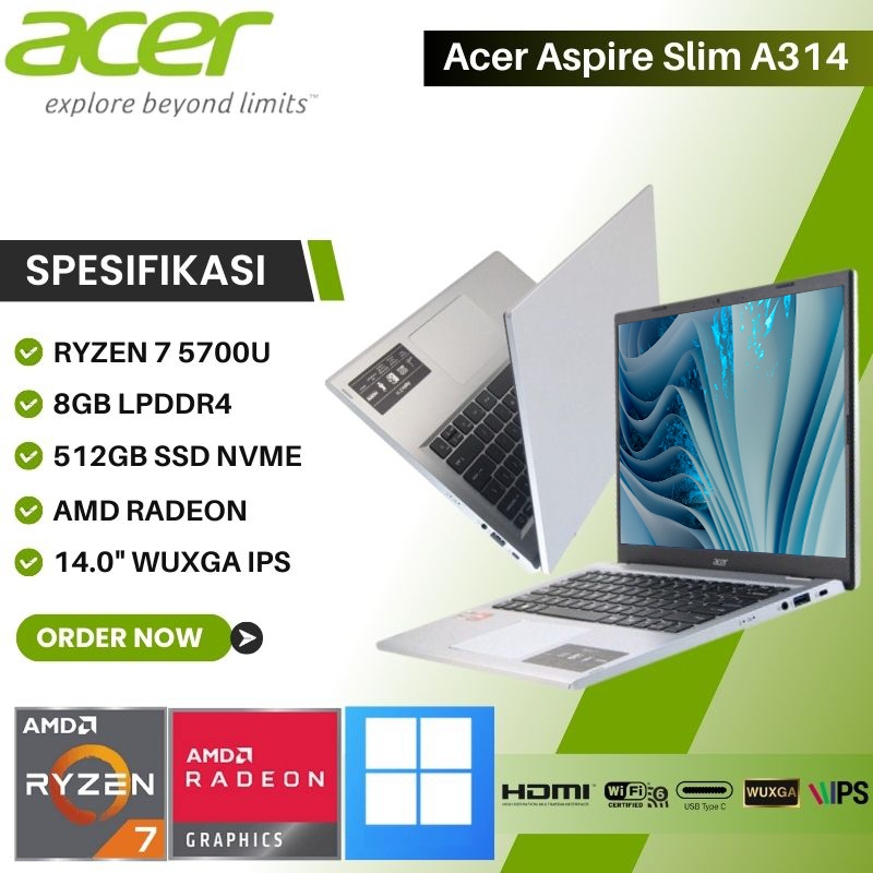 ACER ASPIRE 3 A314-42P-R8PQ - RYZEN 7-5700U - 8GB - 512GB SSD - 14" - WUXGA IPS - SILVER