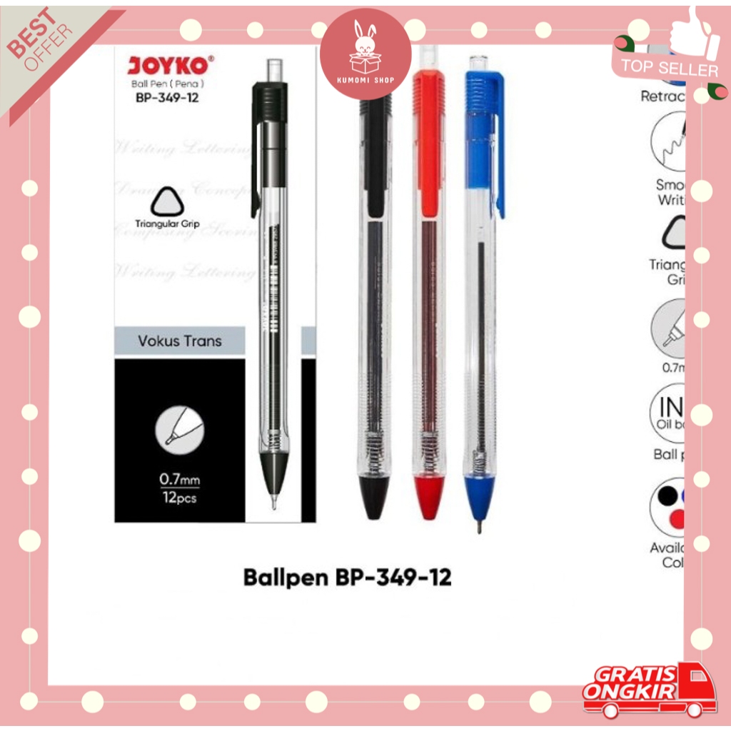 

KUMOMI - Pulpen Joyko Vocus Trans BP-349-12 0,7mm / Ballpoint Lusinan 12pcs / Pen Click / Perlengkapan Kantor / Perlengkapan Sekolah