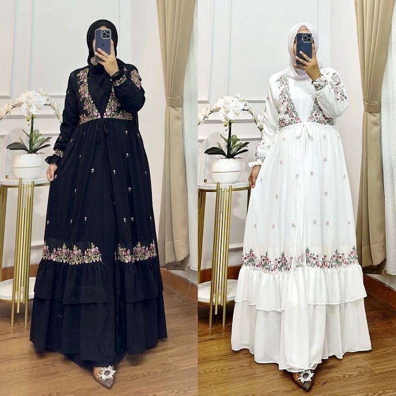 Baju Gamis Terbaru Jumbo Nabila Dress WD Bahan Ceruty Babydoll Aplikasi Bordir Size M L XL XXL LD 10