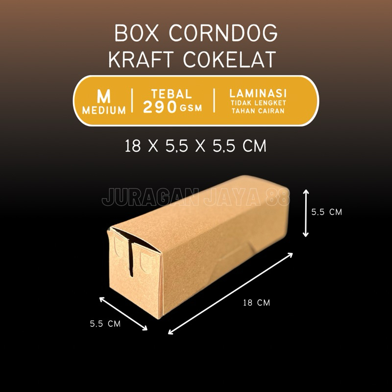 

Kotak Box Corndog Hotang Sosis Ketebalan 290gsm Warna Cokelat ukuran (18x5,5x5,5 cm) | Box Street Food Sate, Corndog Dll | Dus Kraft Laminasi