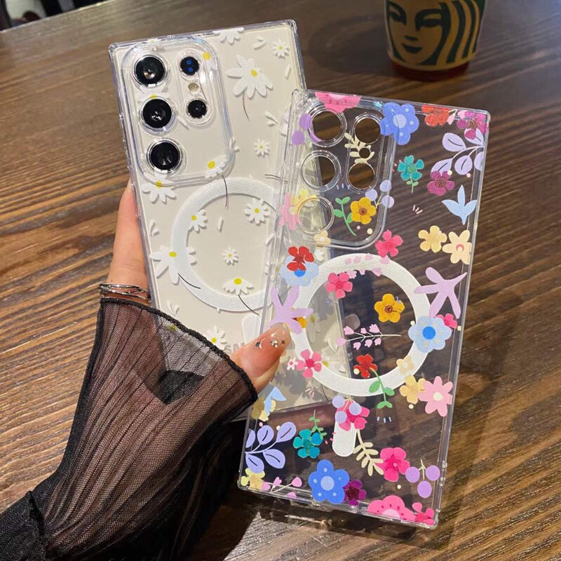 Case TPU Magsafe S25Ultra S25Plus S25 Magnetic flowers Rose Violet Floral Super Cite Lucu Samung Gal