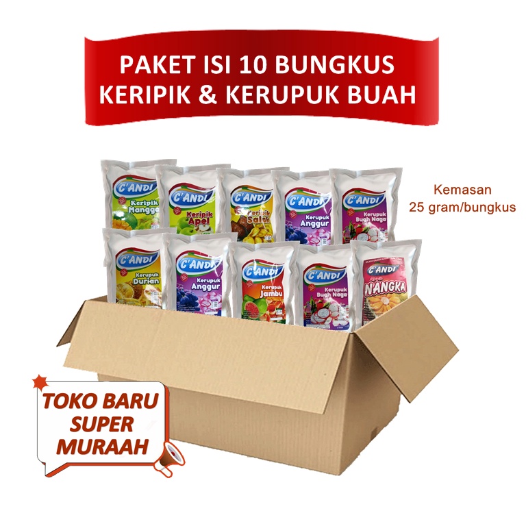 

KODE A99J MURAH PAKET KERIPIK KERUPUK BUAH SALAK APEL NANGKA STRAWBERRY ANGGUR DURIAN KEMASAN 25 GRAM