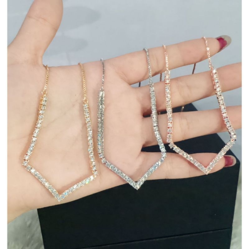 Xuping88 Kalung Serut Aurel Motif V Full Permata Lapis Emas Anti Karat