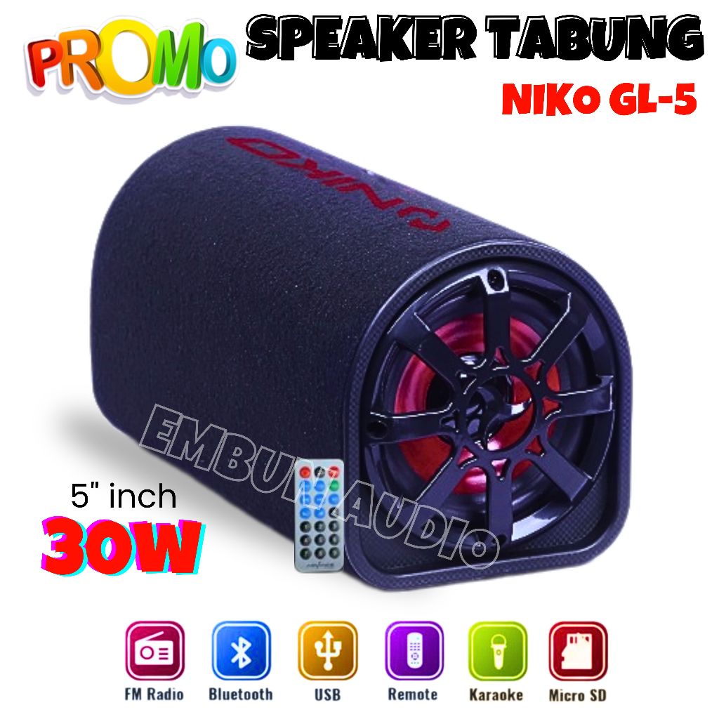 NIKO Speaker Bluetooth 5inch GL5 Subwoofer Super Bass Power 30W Salon Mobil Bluetooth Radio dengan A
