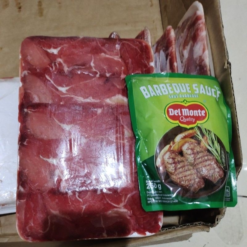 

paket Slice beef sukiyaki 500gr + Bbq sauce250,gr