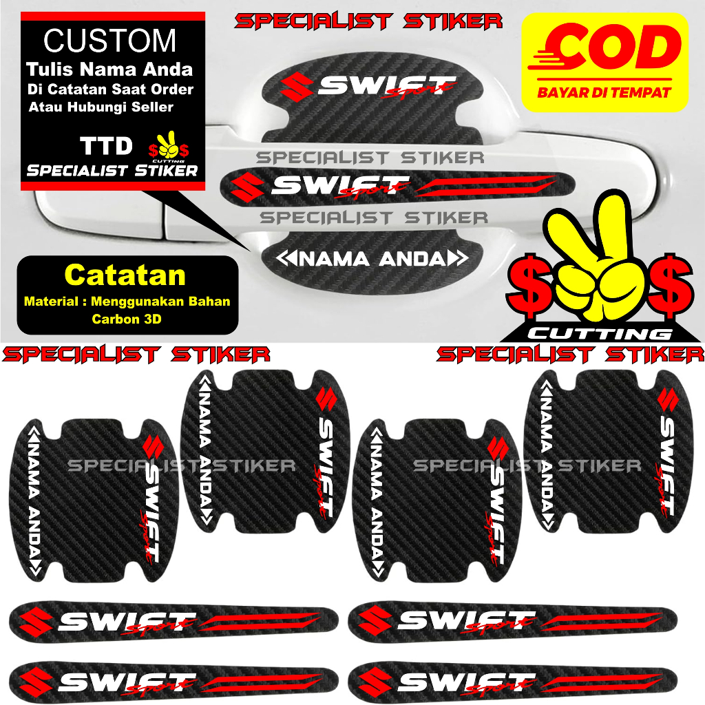 8Pcs Stiker Handle Pelindung Gagang Pintu Mobil Suzuki Swift Sport Berbahan Serat Carbon Anti Gores