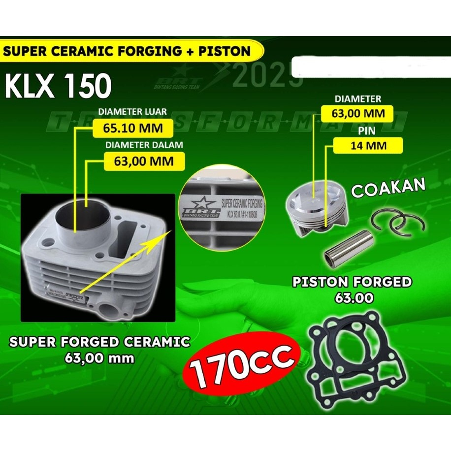 PAKET BORE UP BRT BLOK PISTON KLX 150/KLX 140/DTRACKER 63MM SUPER CERAMIC