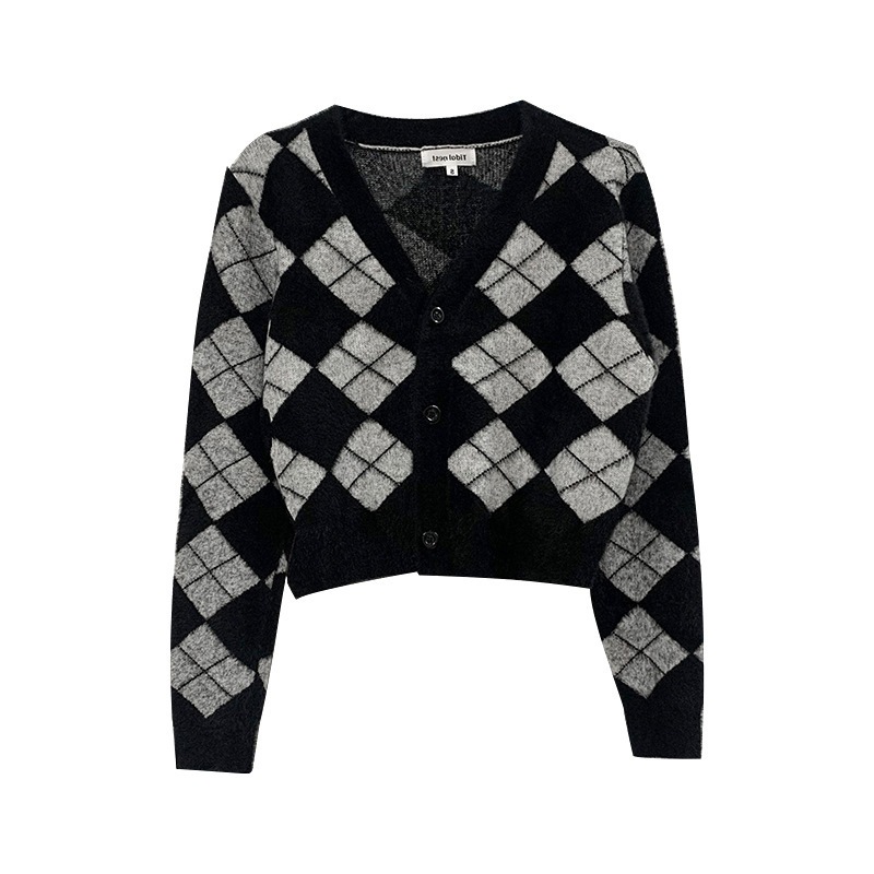 MISS'O BJ1514 Kardigan Crop Vintage Atasan Wanita Cardigan Outer Lengan Panjang Korea Motif Kotak