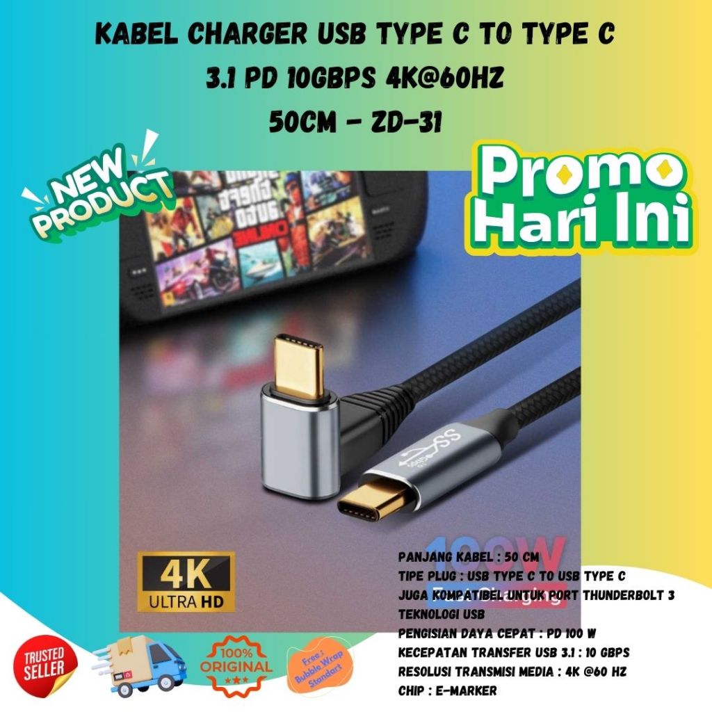 Kabel Charger USB Type C to Type C 3.1 50cm Desain Siku Fleksible Awet