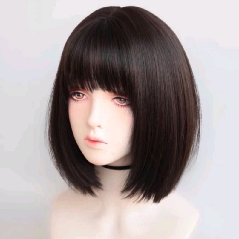 Wig Wanita Rambut Pendek Model Bob Full Wig Korea Rambut Palsu Wanita Model BOB Pendek 35 Cm