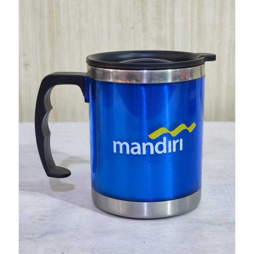MUG TERMOS GELAS CANGKIR STAINLESS STEEL ANTI PANAS LOGO MANDIRI/CANGKIR MUG KOPI TEH AIR PANAS DING