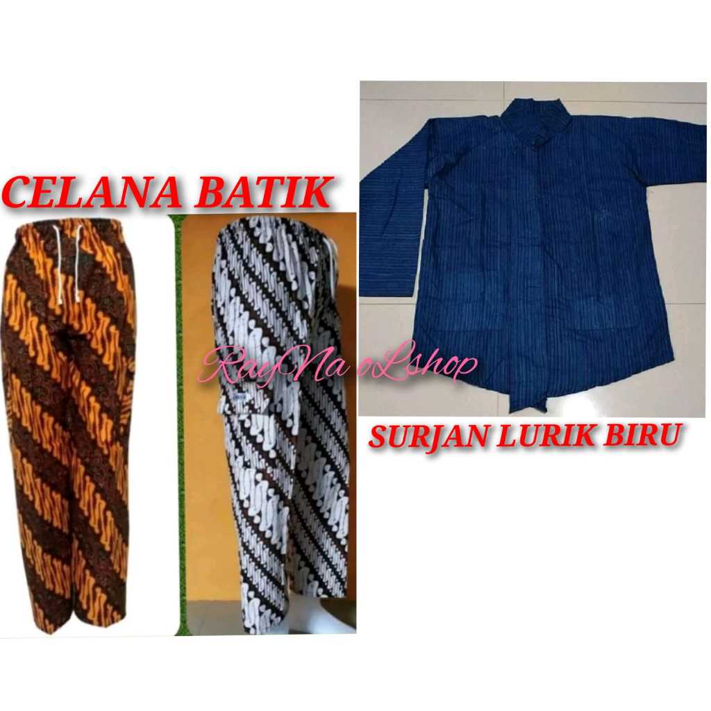 SURJAN LURIK BIRU + CELANA BATIK | SETELAN PAKAIAN TRADISIONAL PRIA MODERN KLASIK KHAS ADAT JAWA