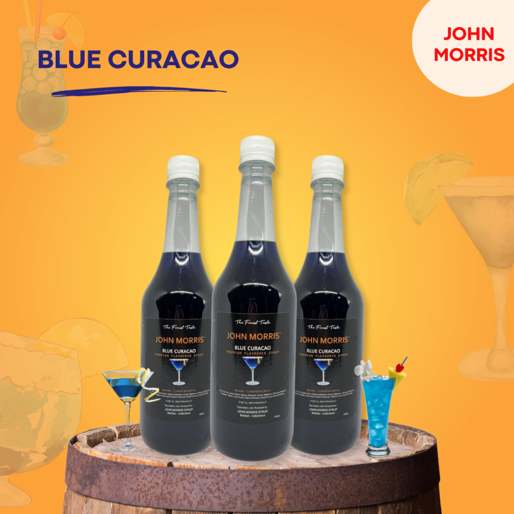 

JOHN MORRIS Premium Flavoured Syrup Blue Curaco 1000 ml / Sirup Rasa blue citrus 1 Liter / Blue Curaco Flavour 1 L / Sirop perasa jeruk biru untuk campuran minuman Blue lagoon